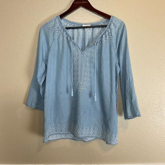 J Jill Denim Womens Chambray Embroidered Top Size M Blue Long Sleeve Tassel Boho - Picture 2 of 12
